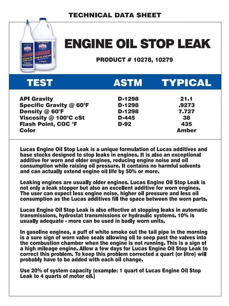 10 Quarts Engine Oil Stop Leak Additive LUCAS For Gasoline or Diesel Engines