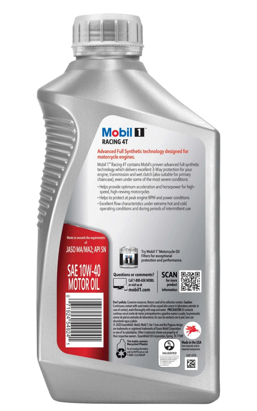 1 Quart Motorcycle Engine Oil Mobil 1 Racing 4T 10W-40 Advanced Full Synthetic