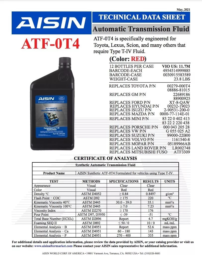 10 Quarts Automatic Transmission Fluid AISIN ATF-0T4 Type T-IV for