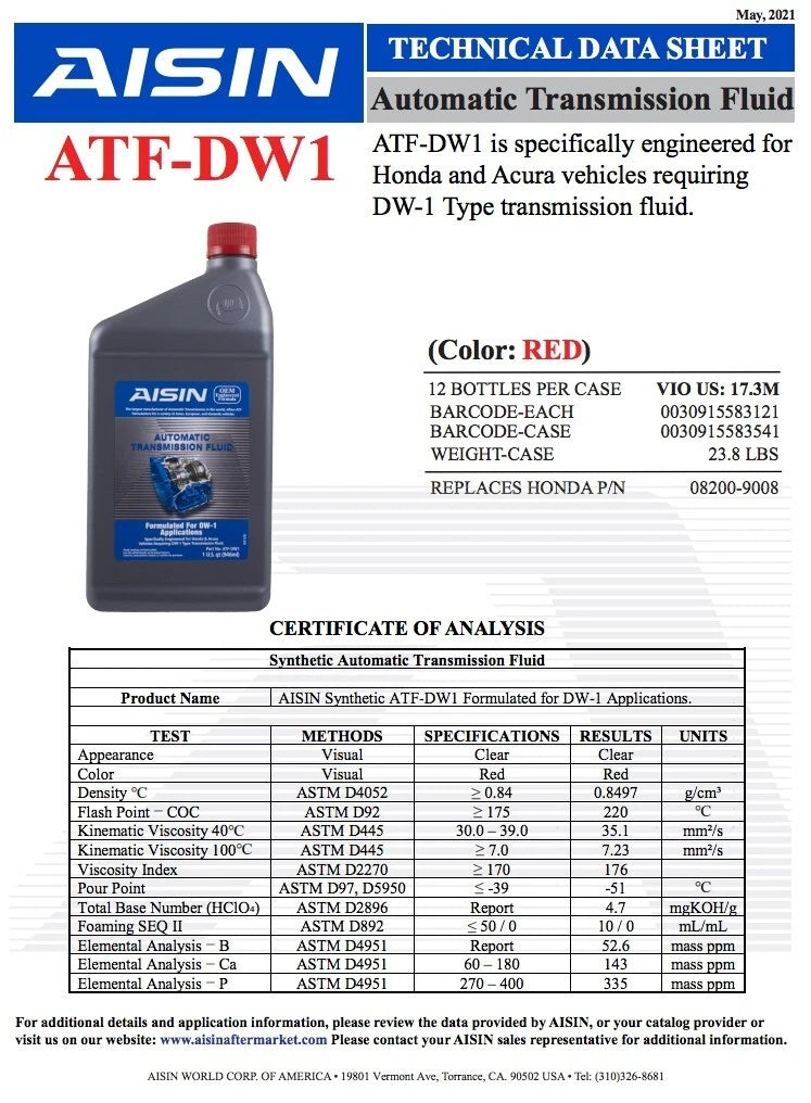 10 Quarts Automatic Transmission Fluid ATF DW-1 for Acura Honda Isuzu Saturn