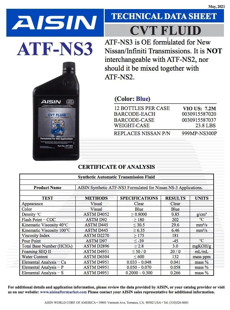 5 Quarts Automatic Transmission Fluid ATF for Nissan/Infiniti CVT ATF-NS3